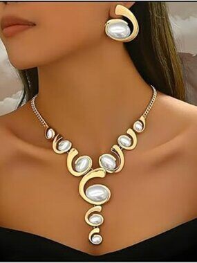 Gold Pearl Boho Western Chunky Jewelry Set Pendant Necklace Stackable Elegant